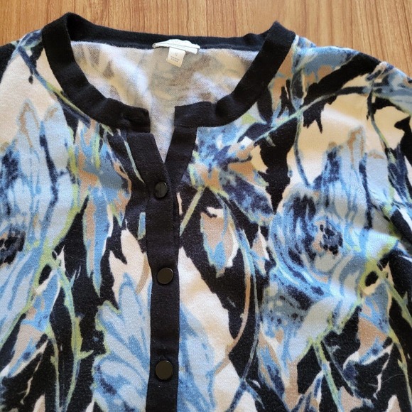 Talbots Cardigan Sweater Top Womens Small Blue Beige Floral Pima Cotton Career - Picture 3 of 10